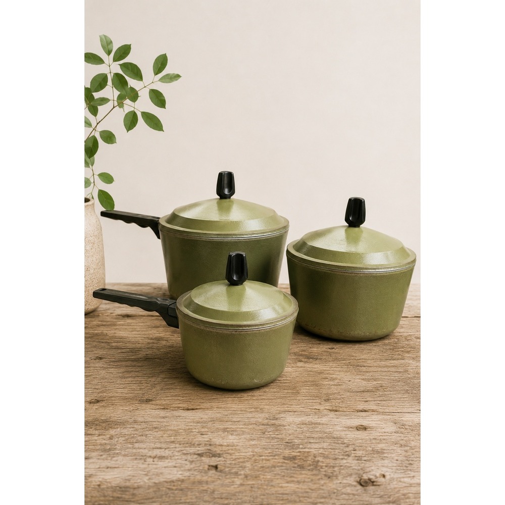Vintage Super Health Olive Green Aluminum Cookware Set 3 Pots MCM